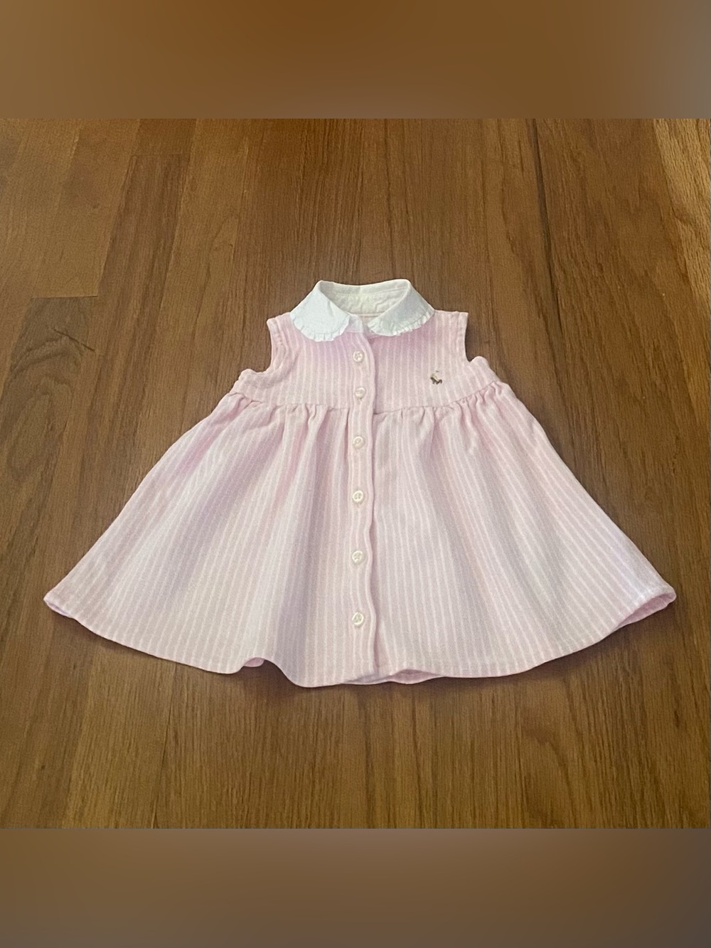 Ralph Lauren Pink and White Striped With Trim Ruffles Collar Oxford Baby Dress